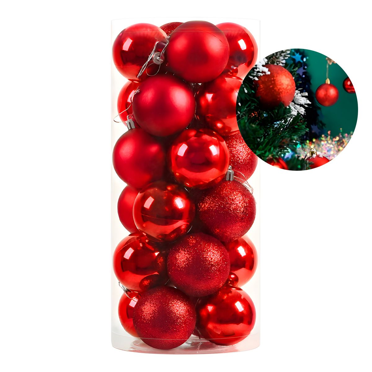 WAKESHOME - 24 Esferas Navideña 8cm Bambalinas Adornos Arbolito Navidad Rojo brillante