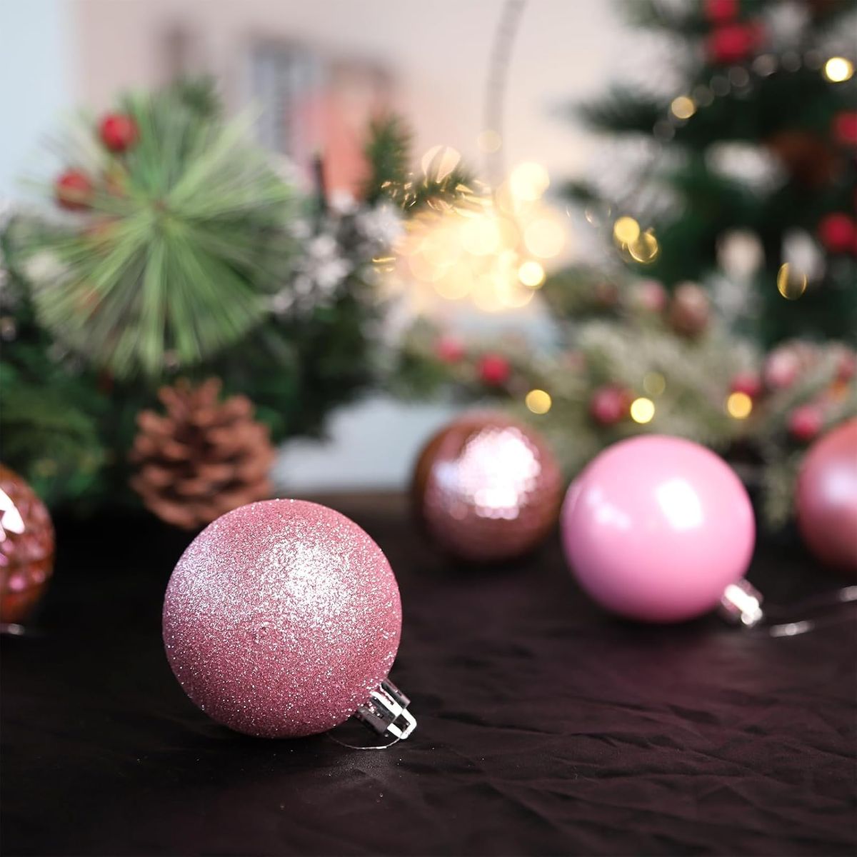WAKESHOME - 24 Esferas Navideña 8cm Bambalinas Adornos Arbolito Navidad Rosa