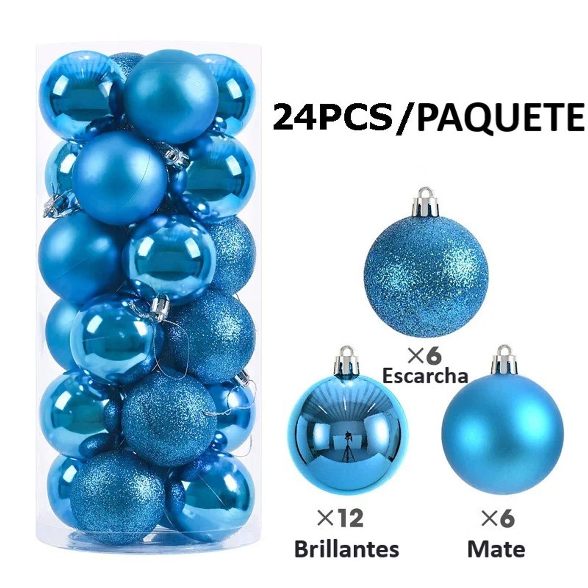 WAKESHOME - 24 Esferas Navideña 6cm Bambalinas Adornos Arbolito Navidad Celeste