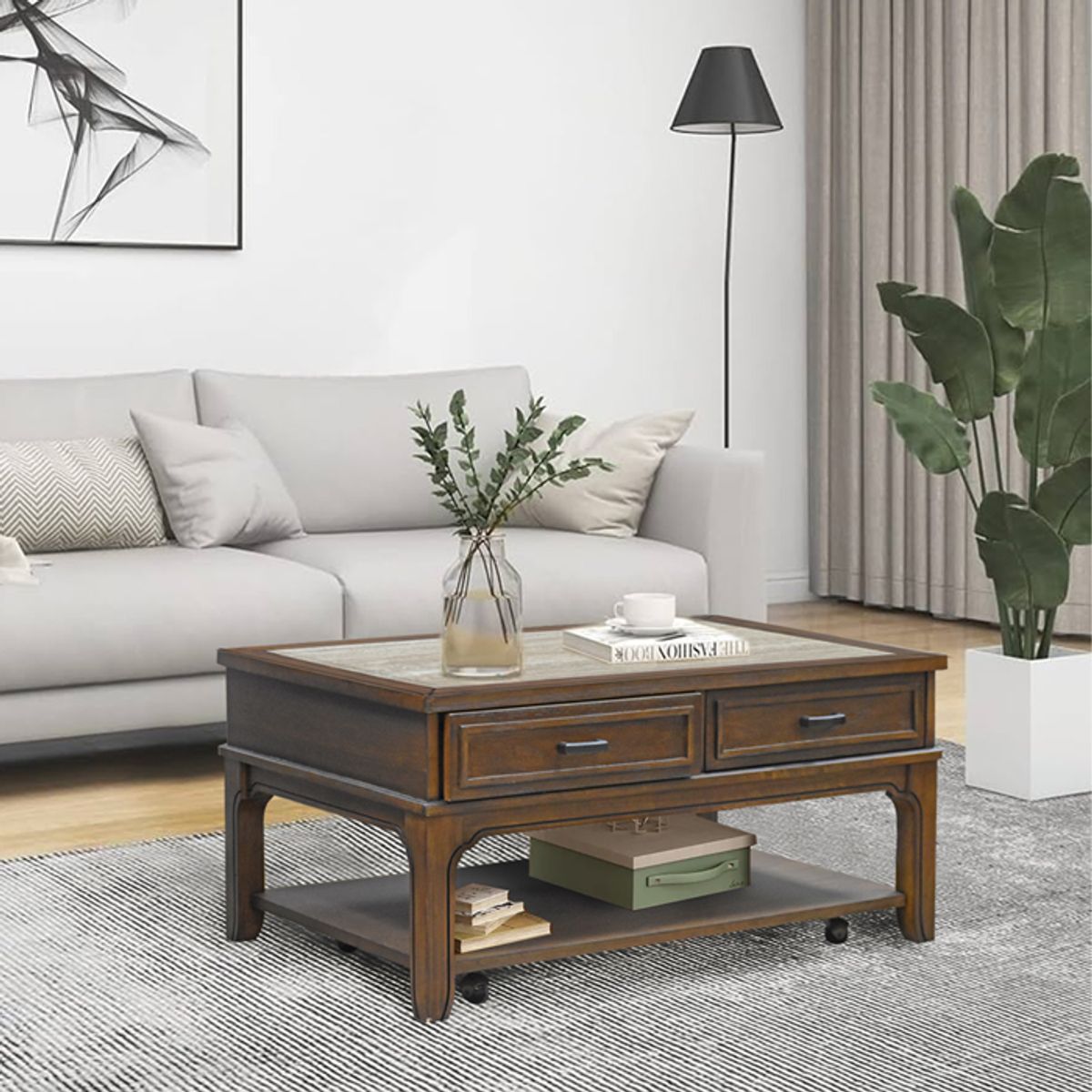 MSA MUEBLES SANTA ANA - Mesa Centro Fija con Cajones y Ruedas Arlington