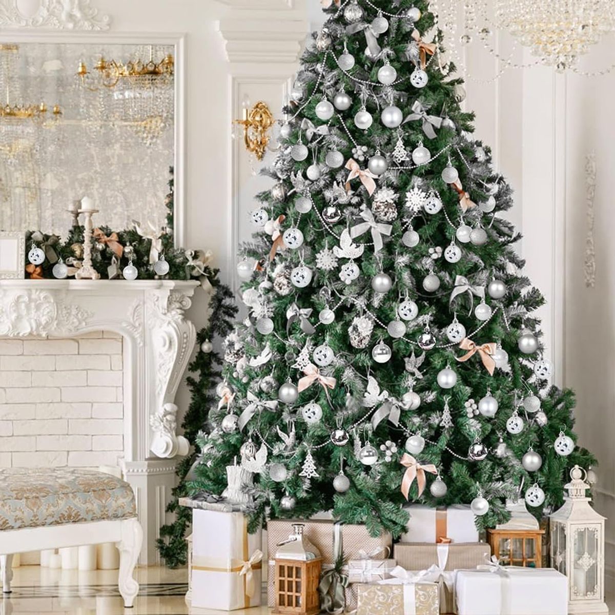 WAKESHOME - 24 Esferas Navideña 6cm Bambalinas Adornos Arbolito Navidad Plateado