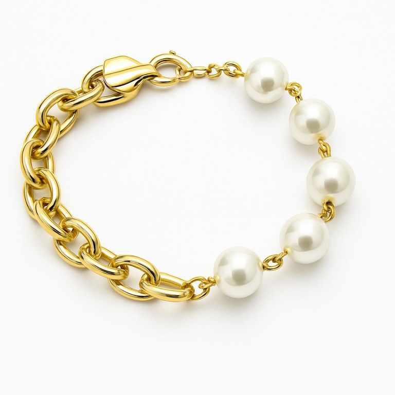 Moderna Pulsera 5 Perlas y eslabones enchapado en oro de 18k - 20CM Dorado ...