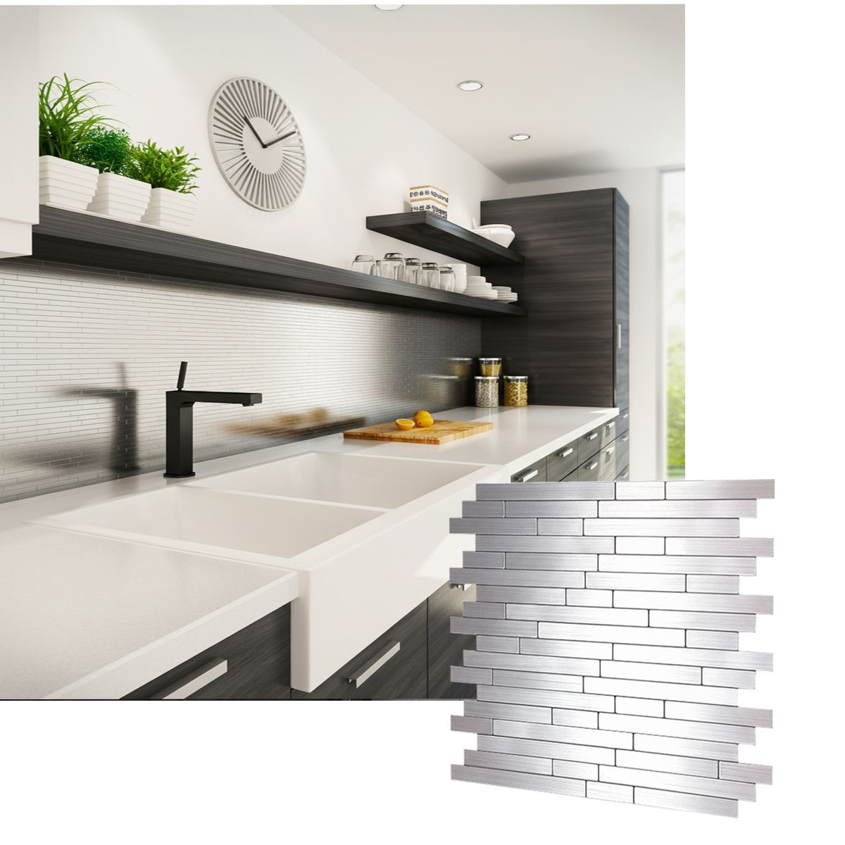 MERCAR RAY - Caja 8 Mosaicos Salpicadero Autoadhesivo Aluminio Bricks 29,4x26,5cm