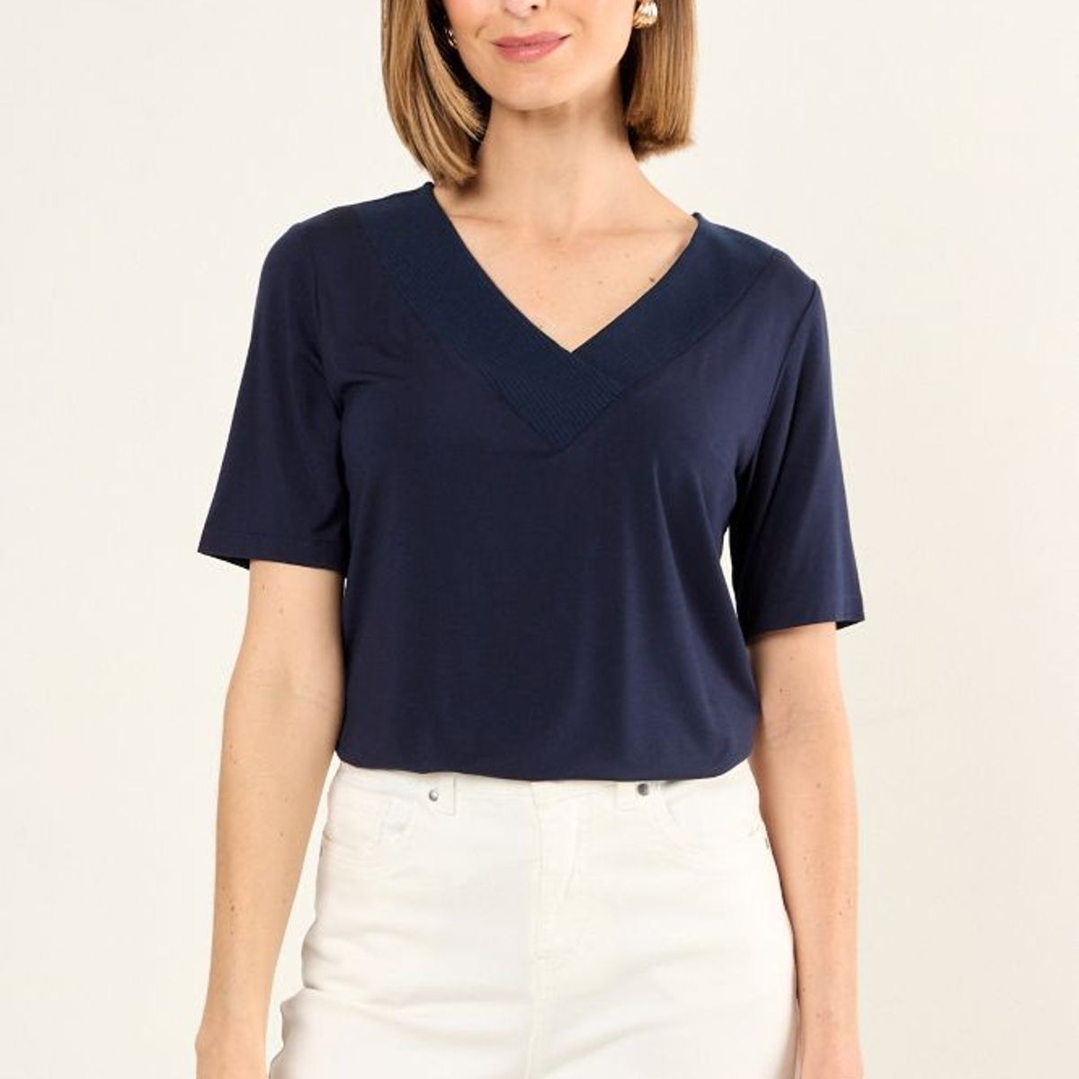 MA GRIFFE - Polera Escote En V Mujer Azul Marino Magriffe