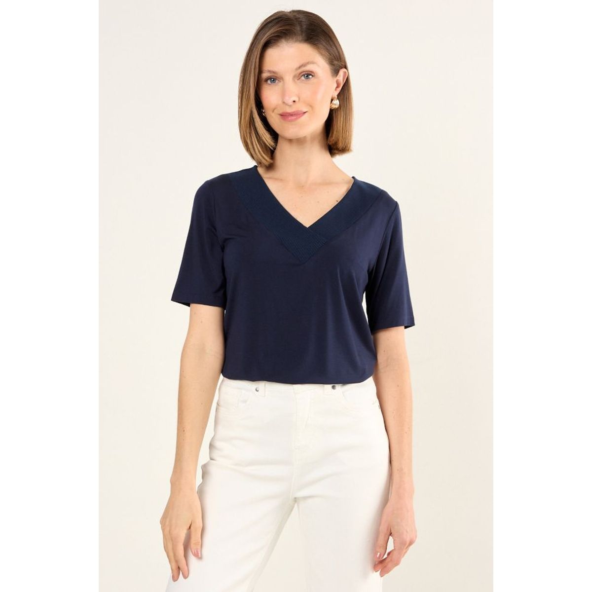 MA GRIFFE - Polera Escote En V Mujer Azul Marino Magriffe