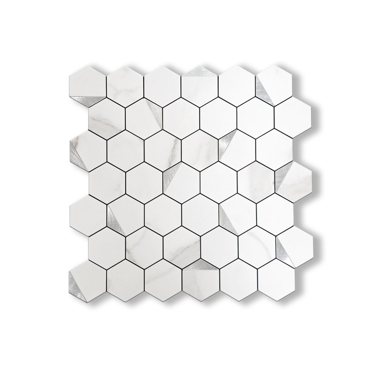 MERCAR RAY - Caja 10 Mosaicos Salpicadero Autoadhesivo PVC Aluminio Panal Mármol-Plata 31,2x32 cm