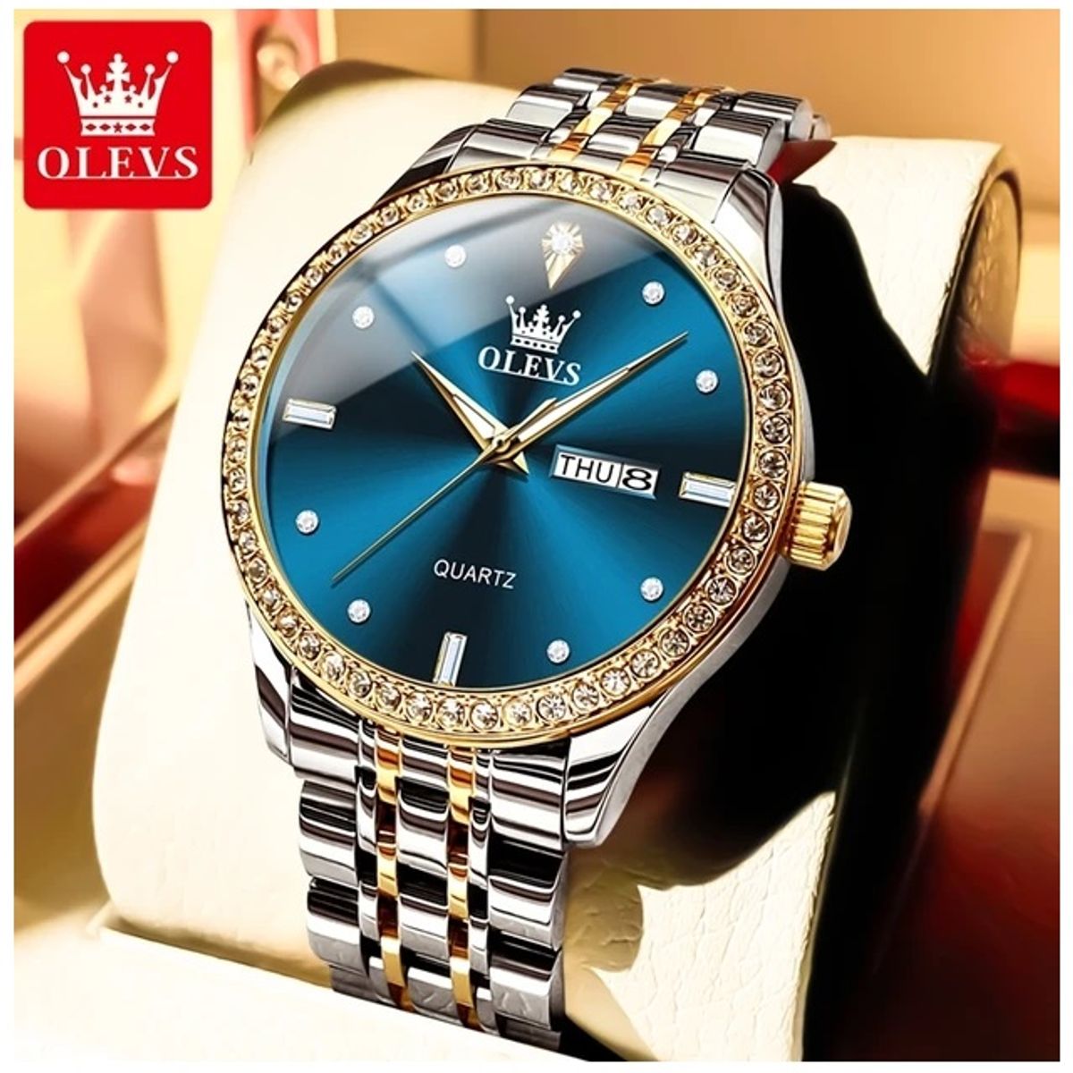 STARTECHOFFICE - Reloj de Lujo Hombre Azul Real con Calendario Doble Acero Inoxidable Bicolor Movimiento de Cuarzo