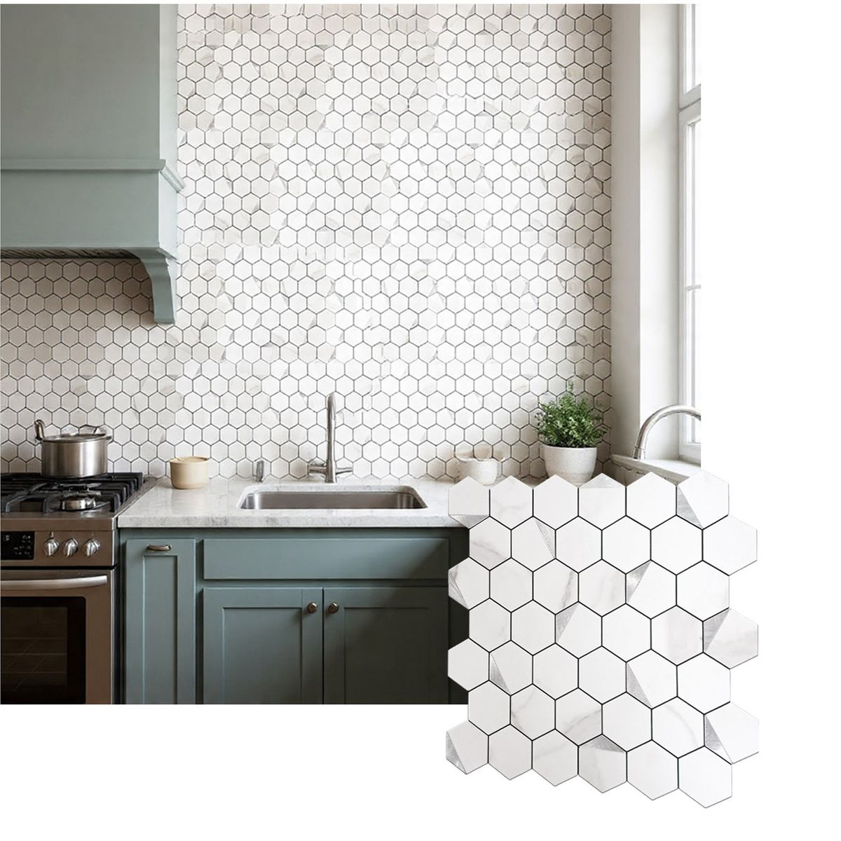 MERCAR RAY - Mosaico Salpicadero Autoadhesivo PVC-Aluminio Panal Mármol-Plata 312x32cm