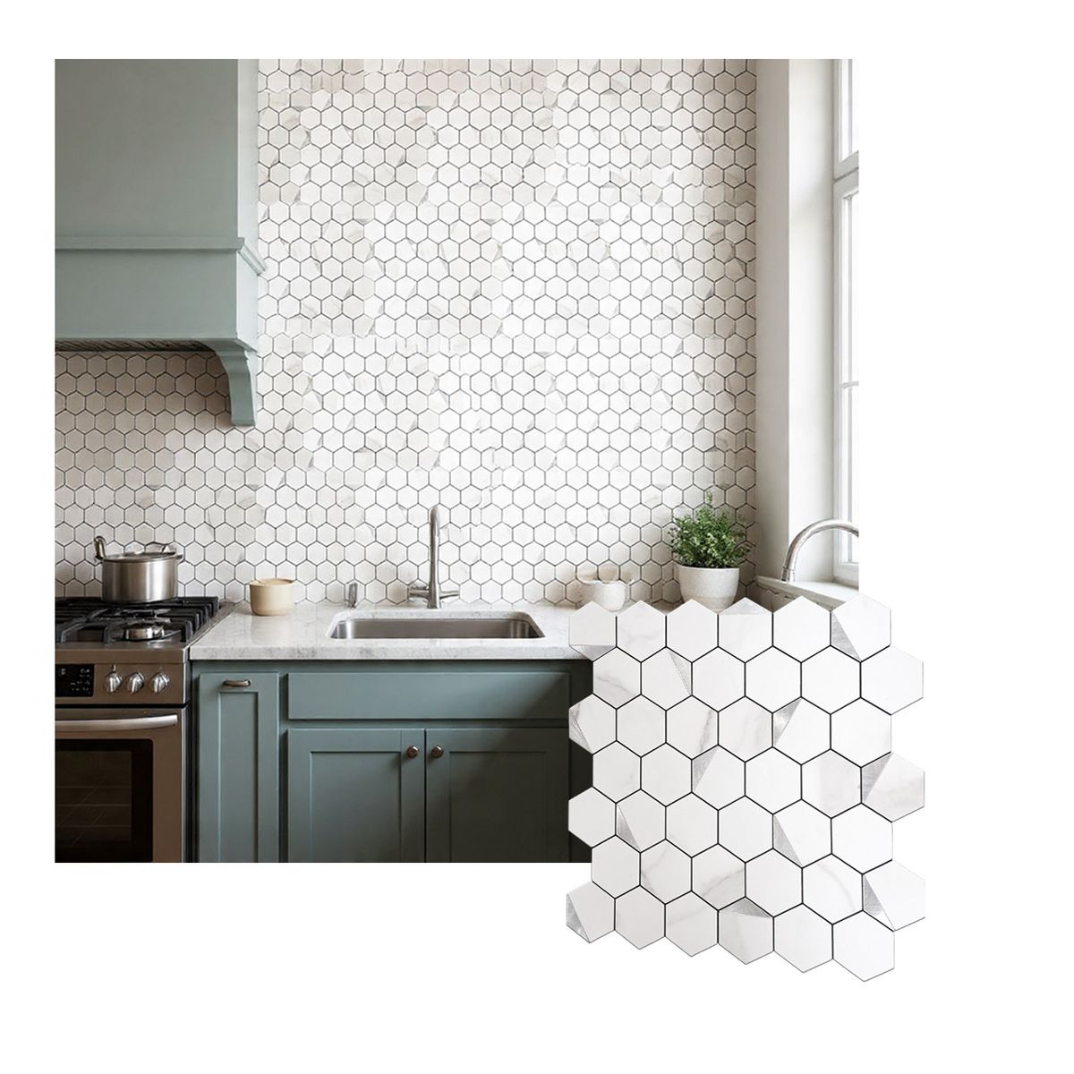 MERCAR RAY - Mosaico Salpicadero Autoadhesivo PVC-Aluminio Panal Mármol-Plata 312x32cm