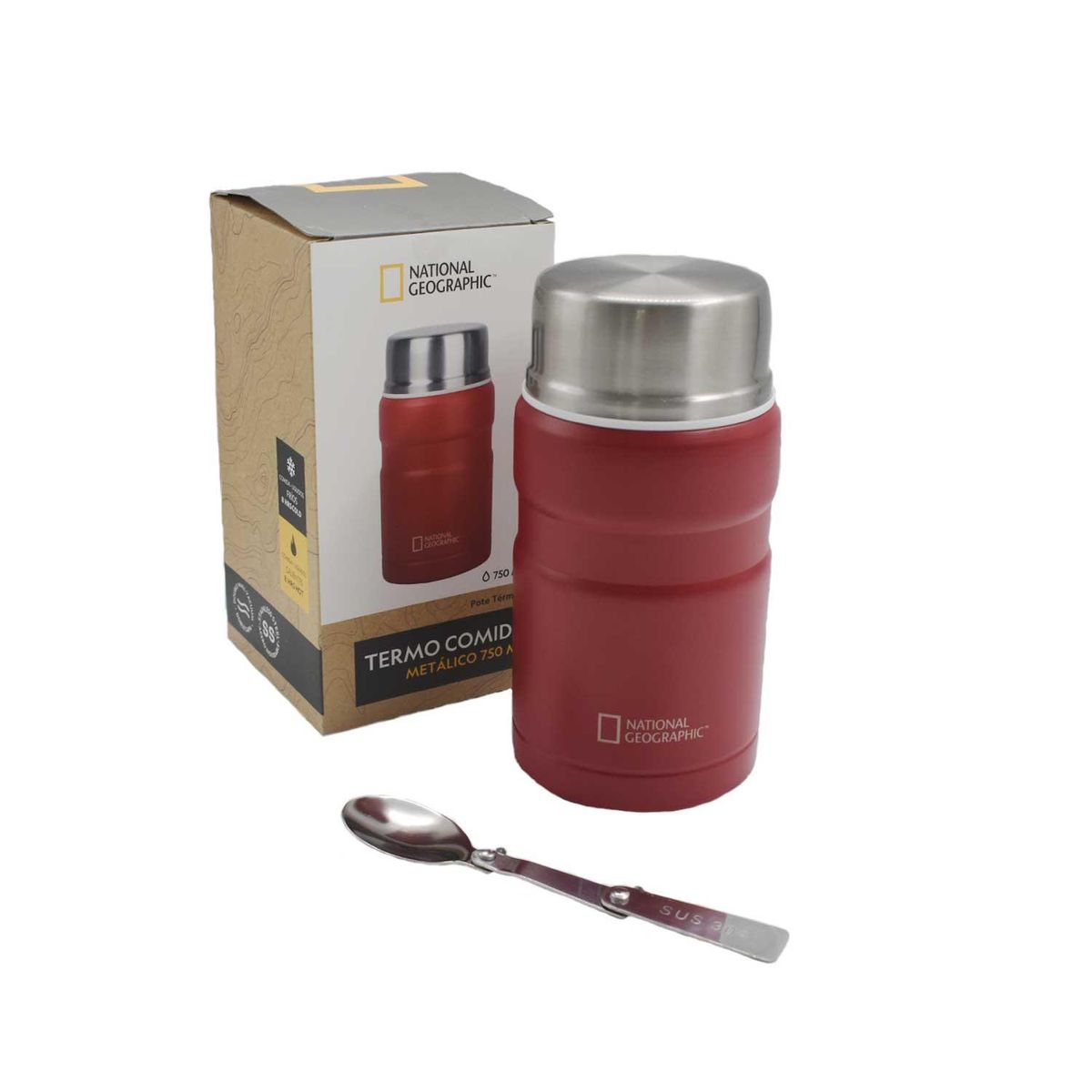 NATIONAL GEOGRAPHIC - Termo Comida Acero Inoxidable 750ml con cubiertos Rojo