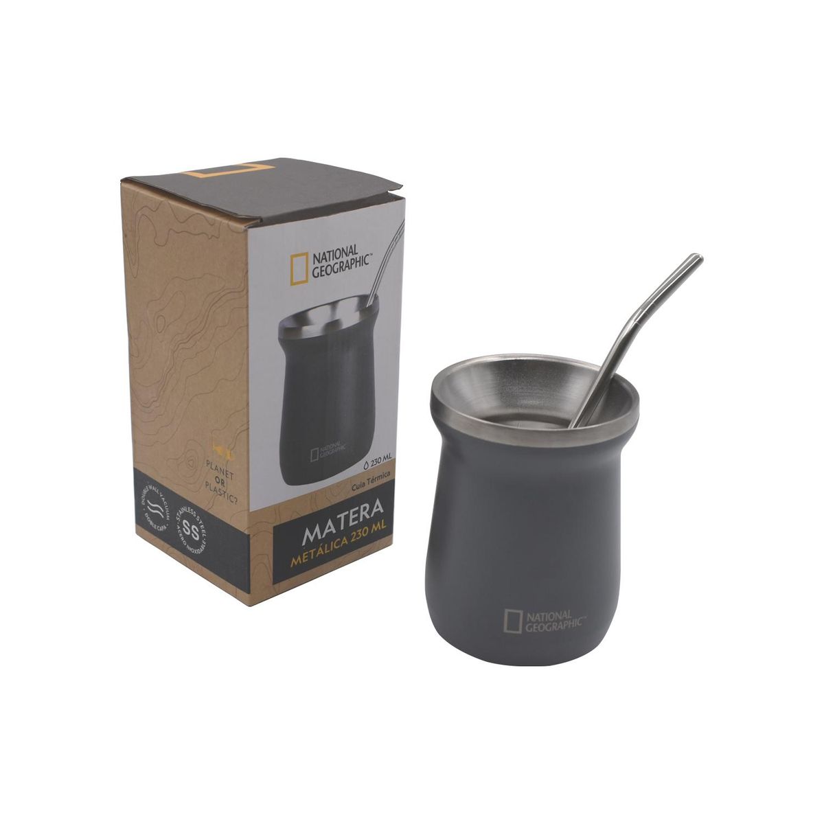 NATIONAL GEOGRAPHIC - Matera Acero Inoxidable con Bombilla 230ml Gris