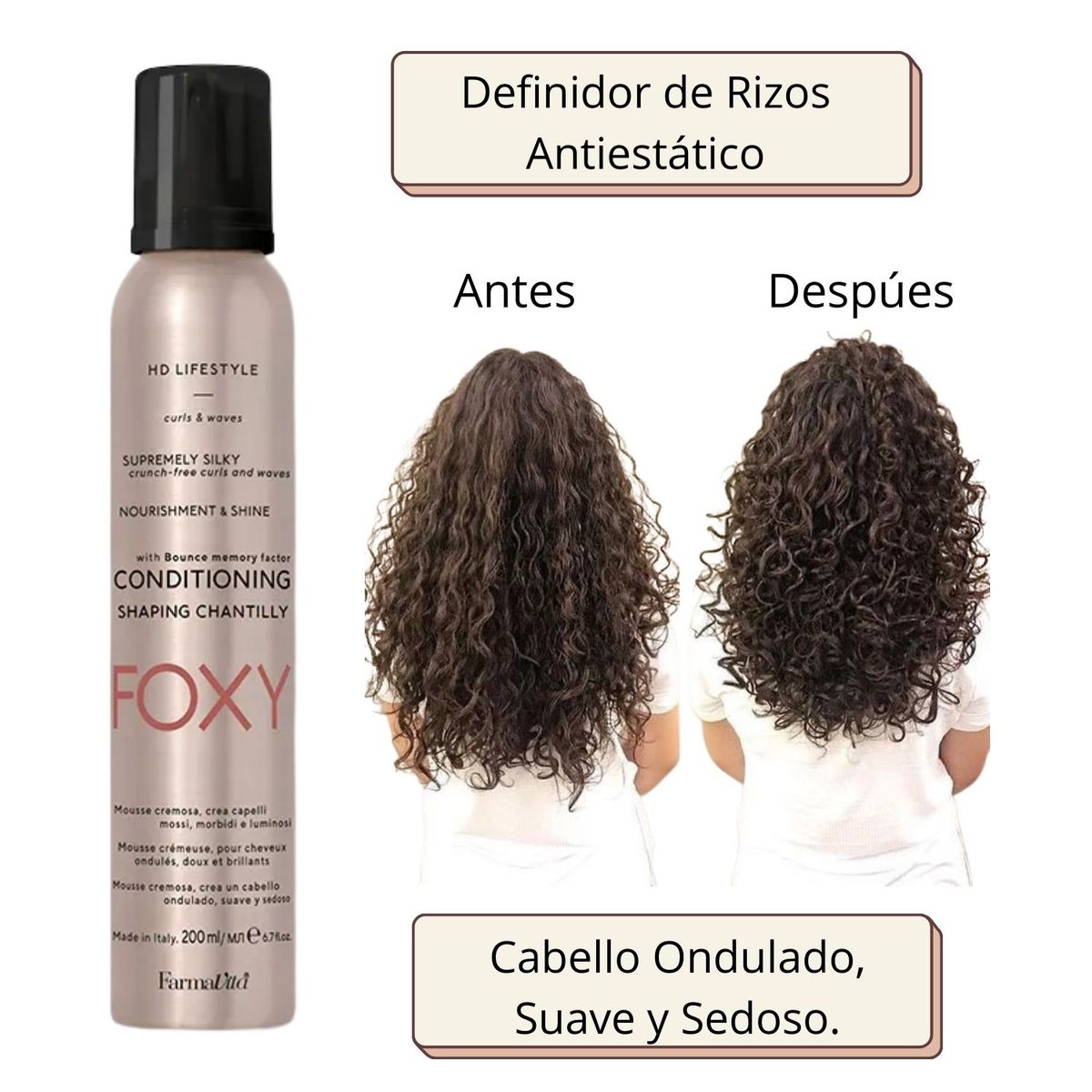 FARMAVITA - Mousse HD Life Style Foxy 200ml Define Rizos Brillo Hidrata Antiestático