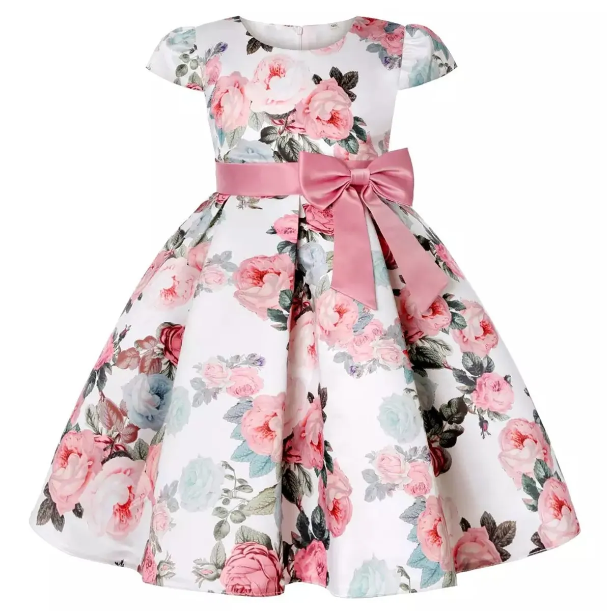 ALMA & DECO - Vestido Fiestas Bodas Raso Blanco con Flores Rosas Modelo Blanca
