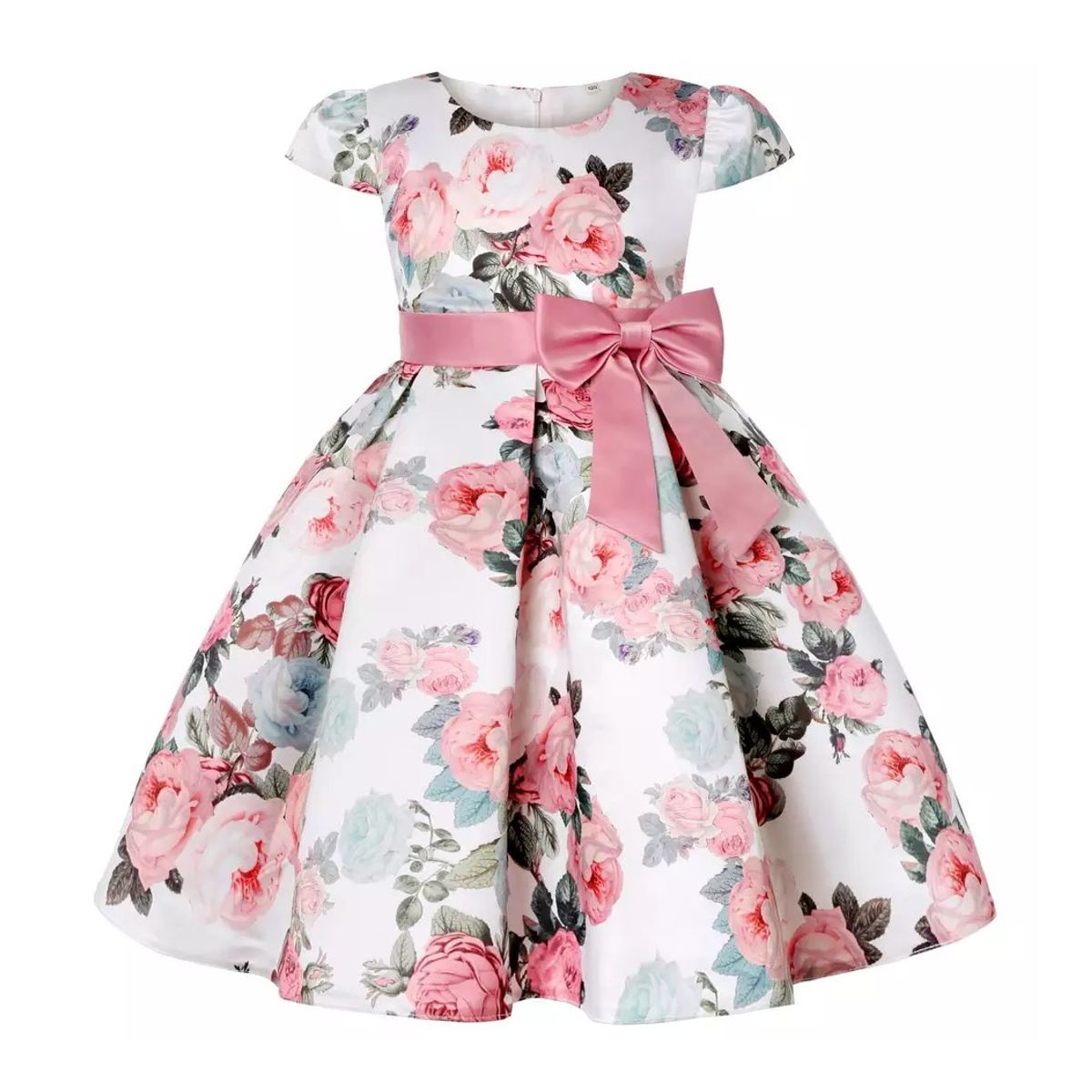 ALMA & DECO - Vestido Fiestas Bodas Raso Blanco con Flores Rosas Modelo Blanca