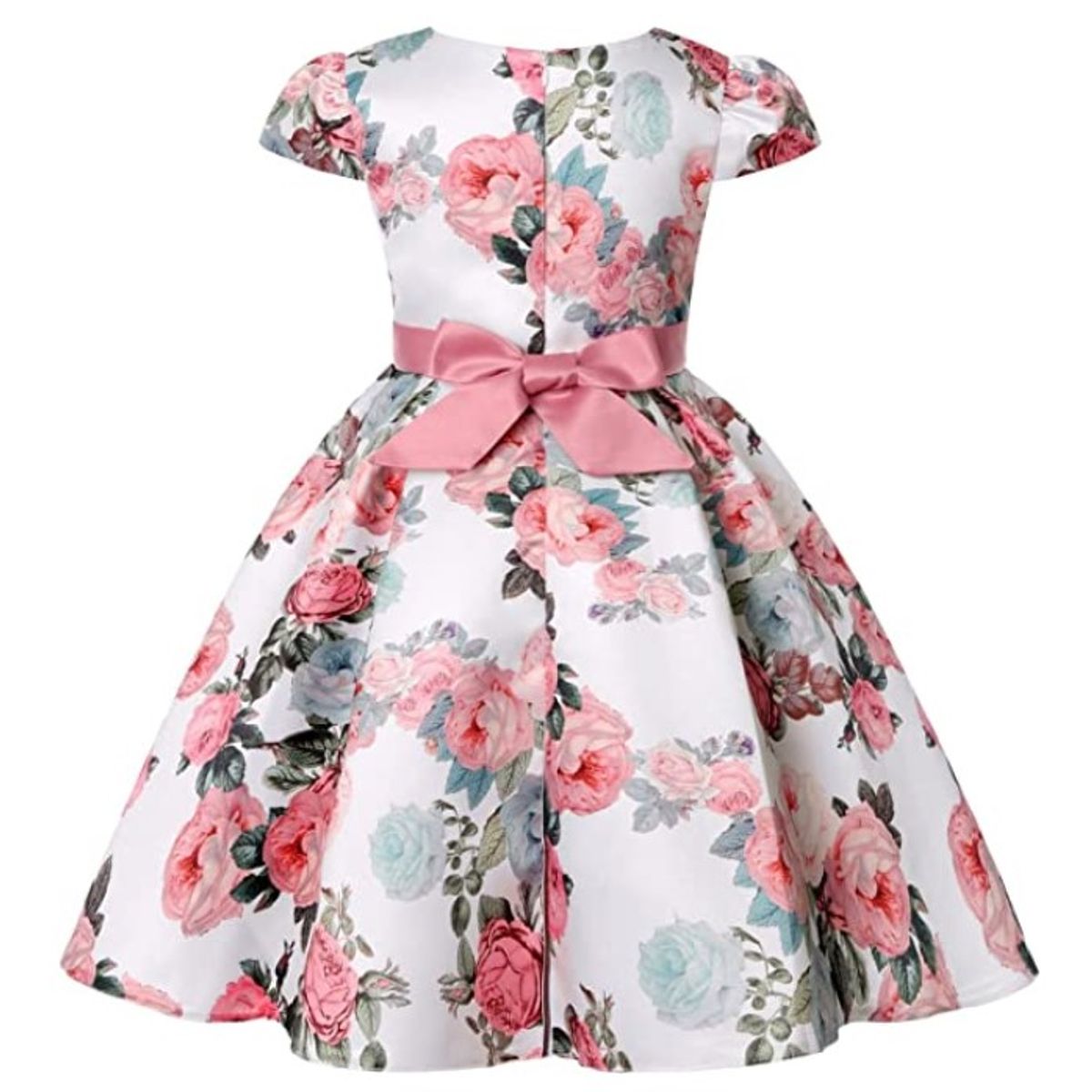 ALMA & DECO - Vestido Fiestas Bodas Raso Blanco con Flores Rosas Modelo Blanca