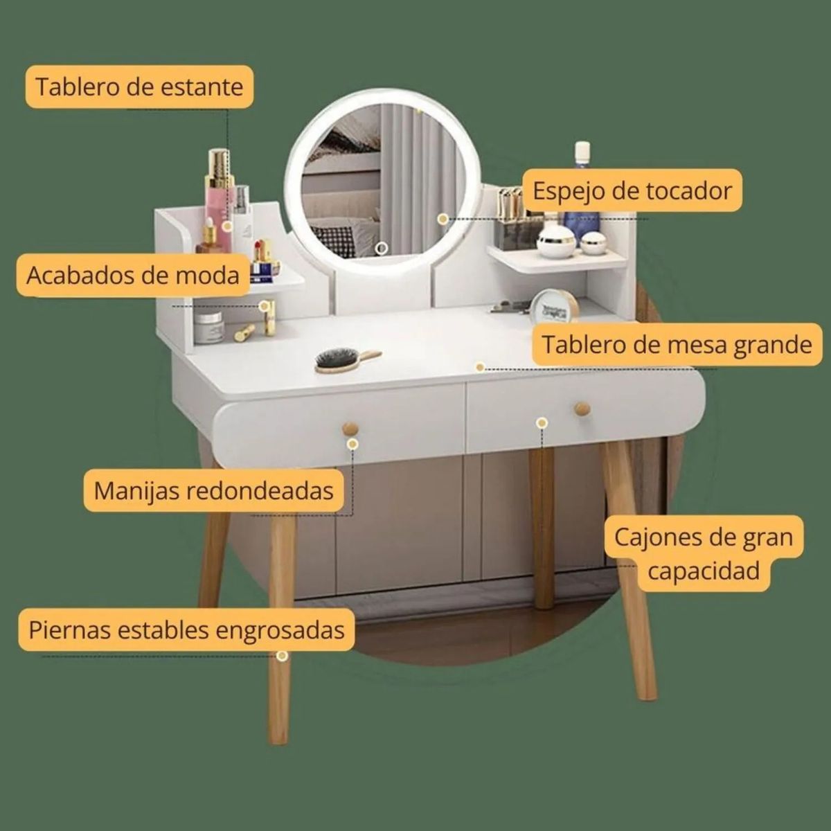 MOVI - Tocador con Luz LED, Espejo, 2 Cajones y Asiento Elegante