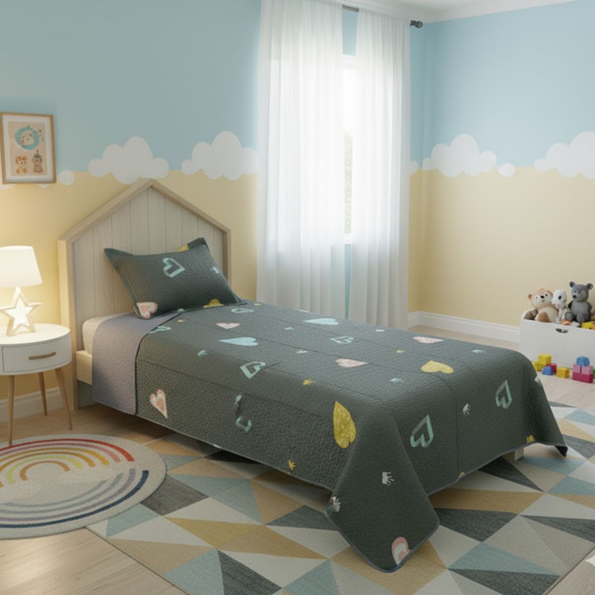 GENERICO - CUBRECAMA ALGODON  1.5  VERDE CORAZON TELA  QUILT DN