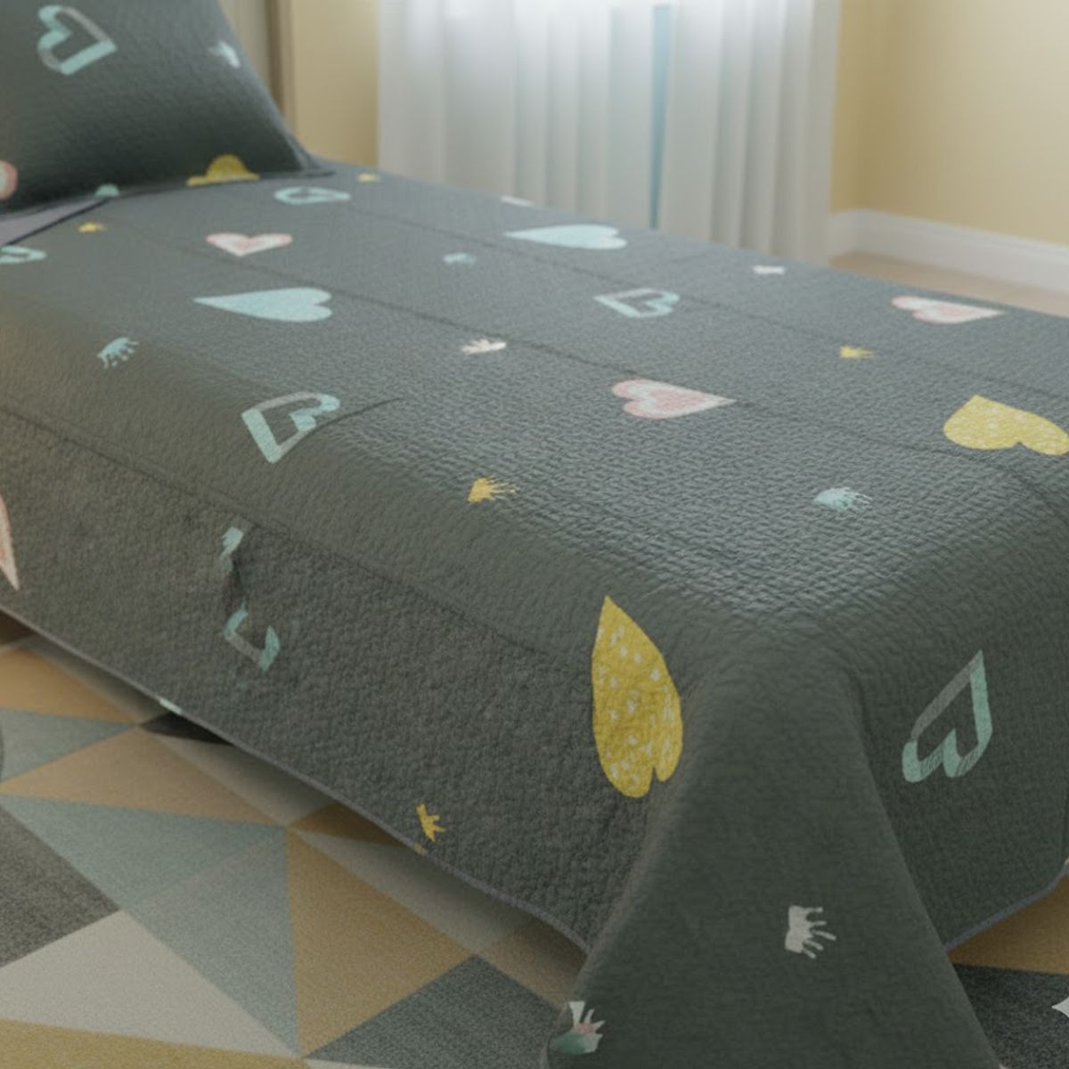 GENERICO - CUBRECAMA ALGODON  1.5  VERDE CORAZON TELA  QUILT DN