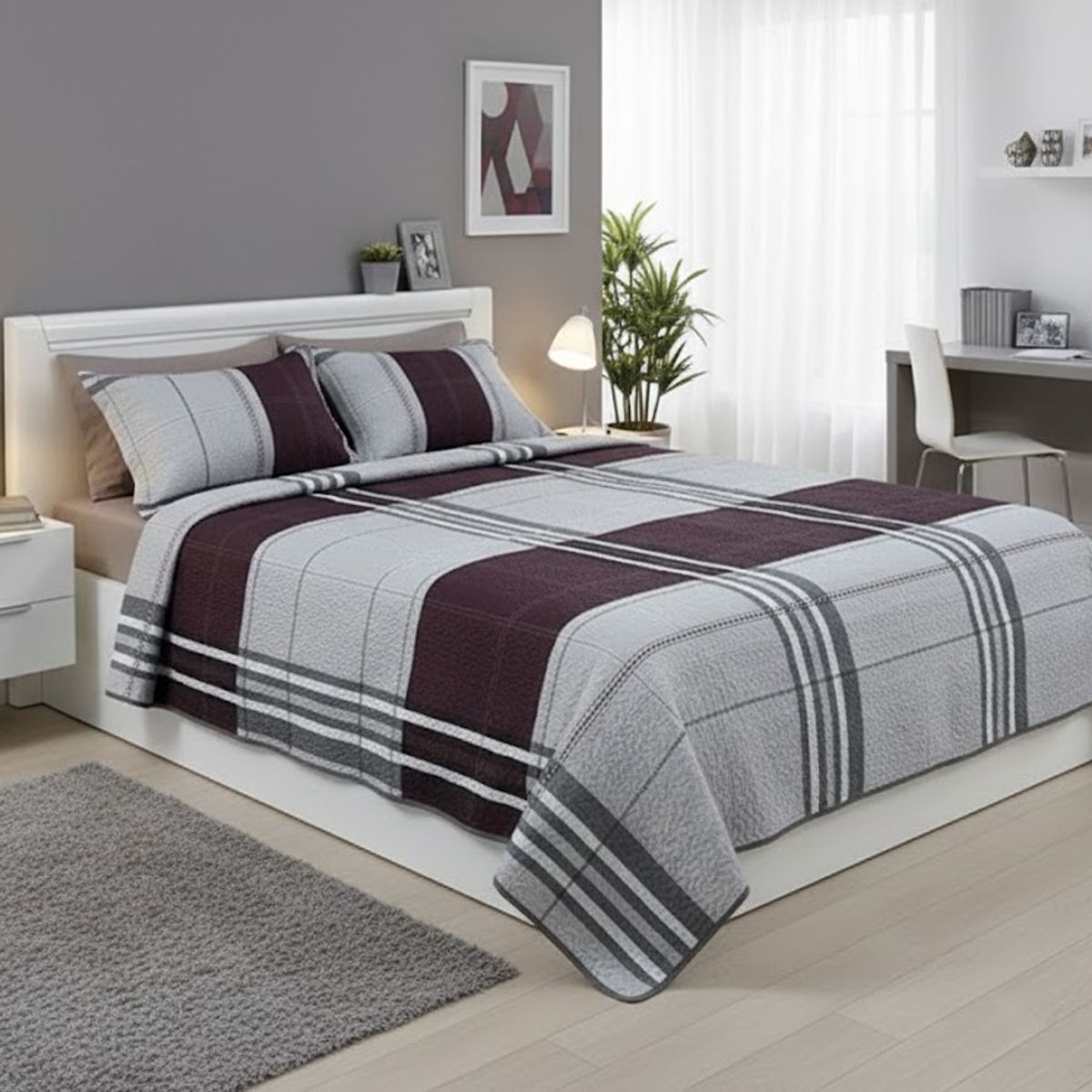 GENERICO - CUBRECAMA ALGODON  1.5 DISEÑO ELEGANTE CON FRANJA MODERNA TELA  QUILT DN