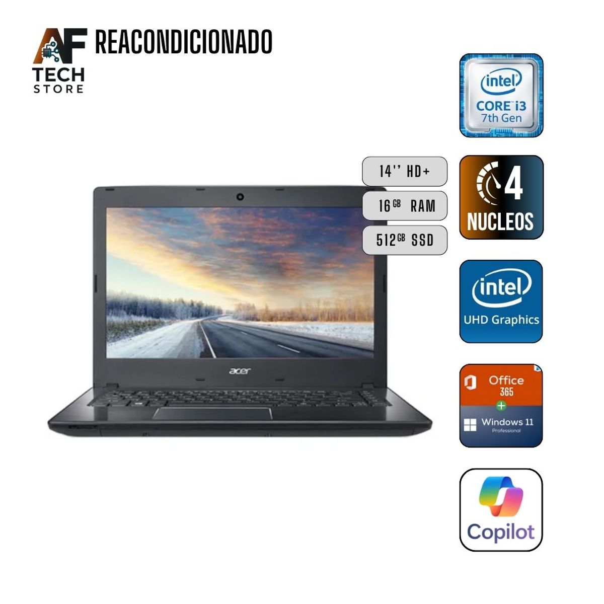 ACER - Notebook ACER N16C1 I3 7th 16GB 512GB - Win11+Office - Reacondicionado Profesional