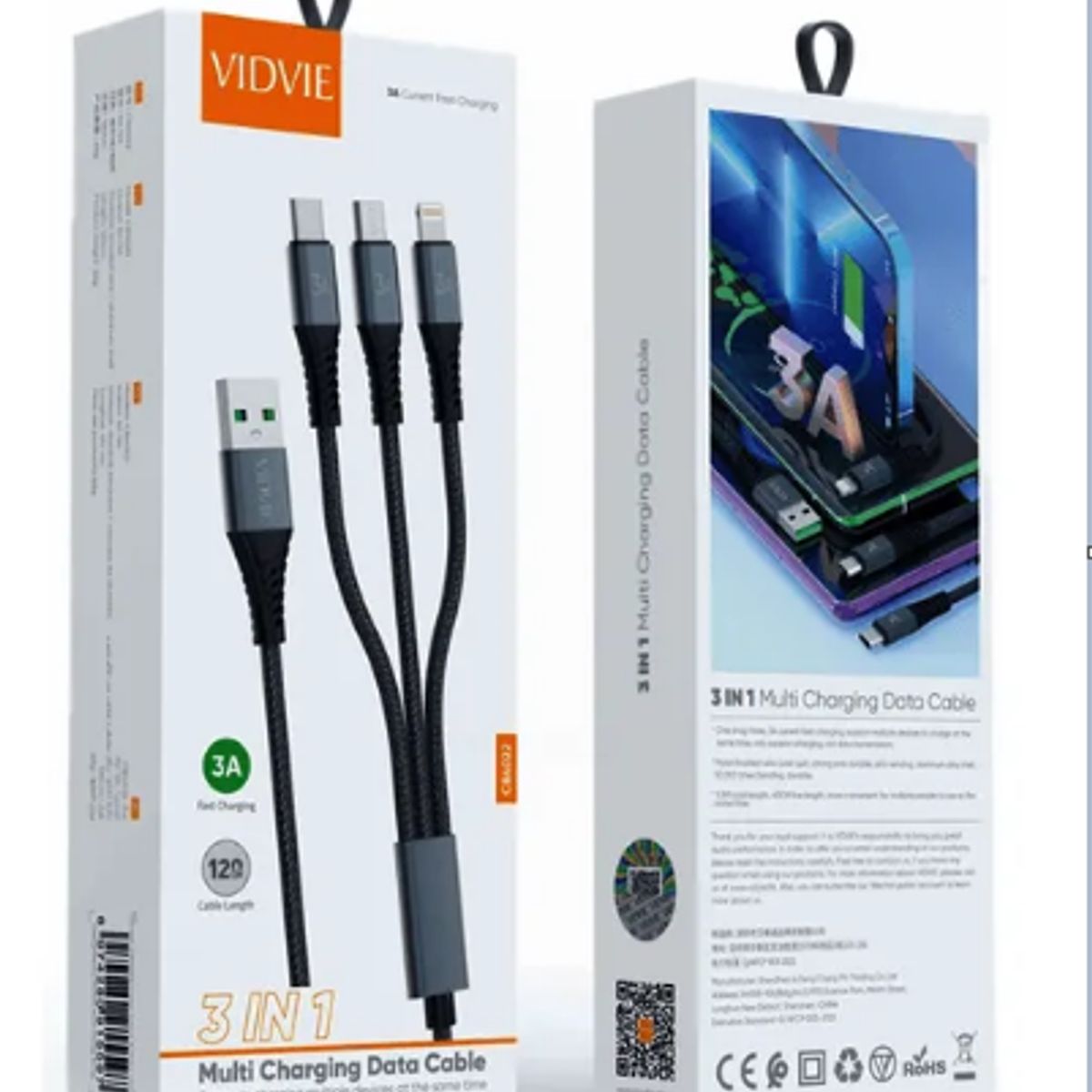 GENERICO - Cable De Carga Rápida 3 En 1 Usb 1.2m 3.0a Vidvie Cb4022