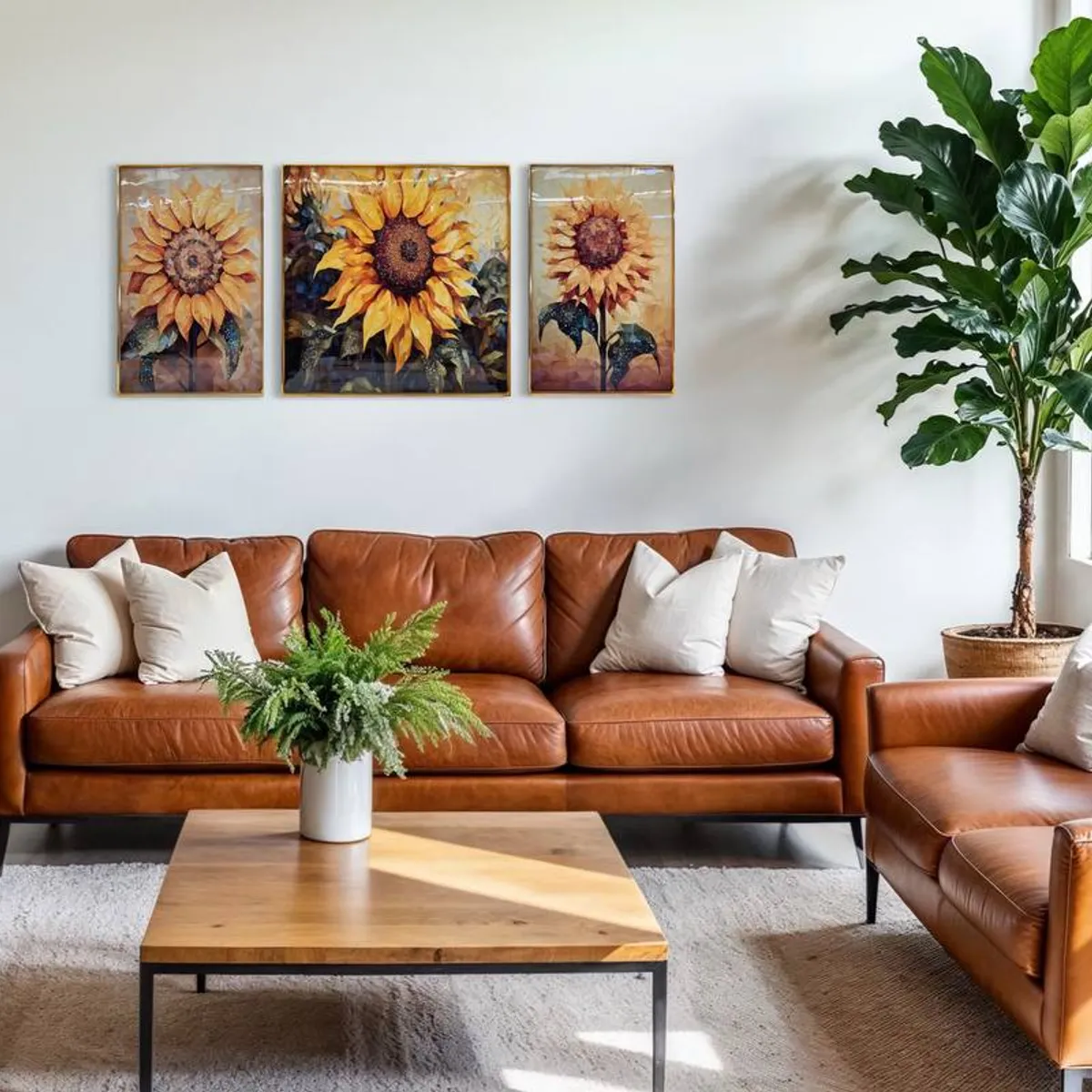 DEKAM DISEÑO - CUADRO TRIPTICO GIRASOLES PORCELANA DIAMANTES