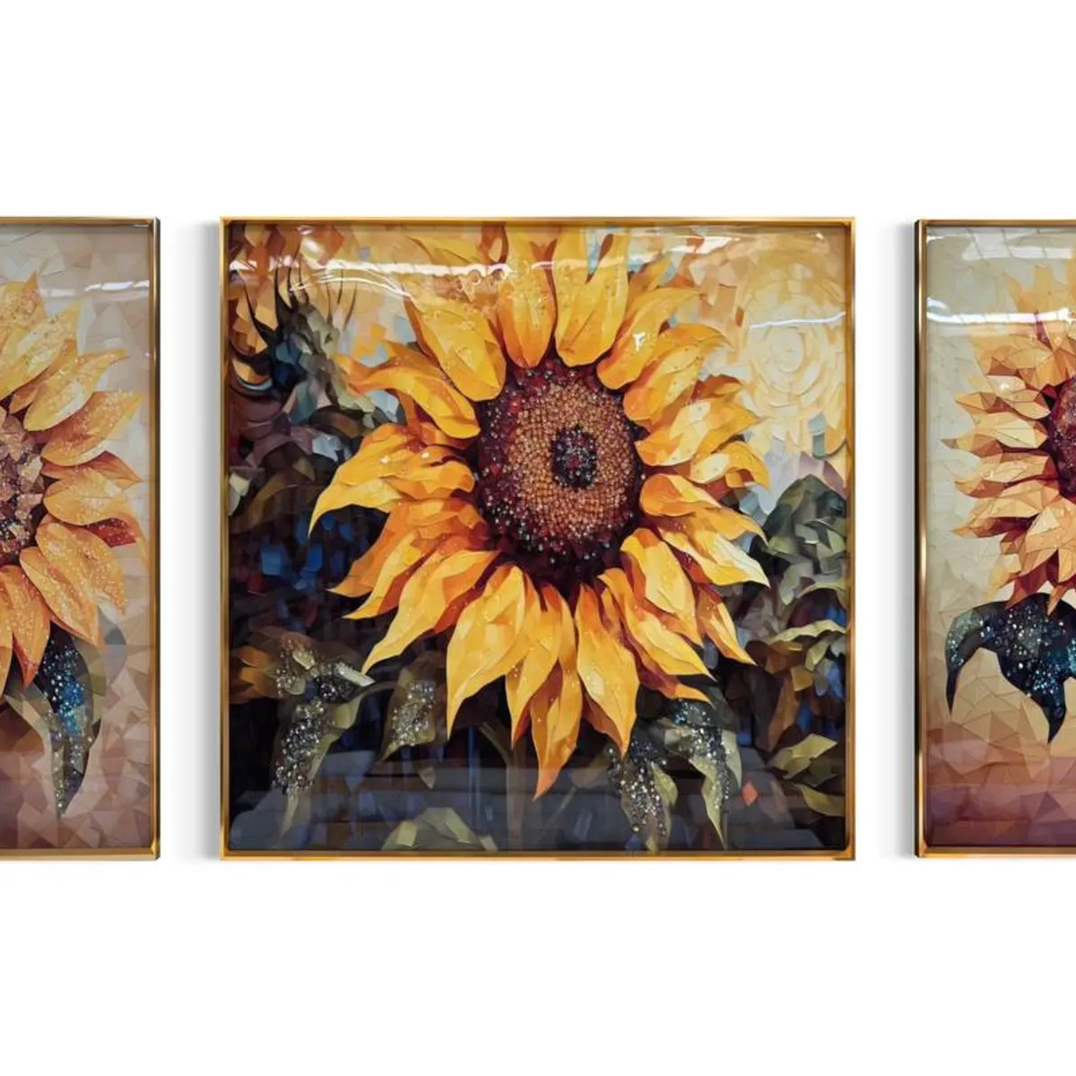 DEKAM DISEÑO - CUADRO TRIPTICO GIRASOLES PORCELANA DIAMANTES