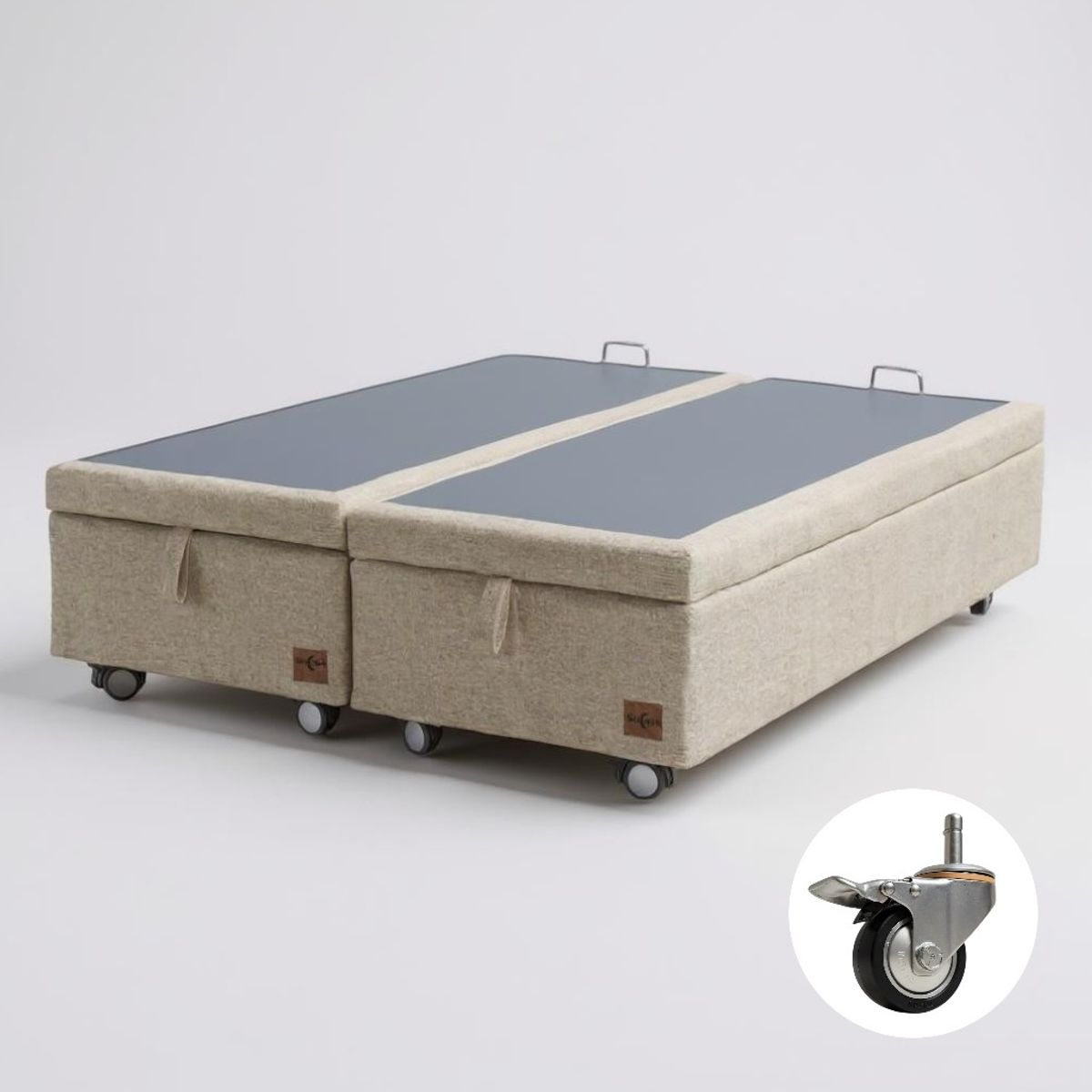 BLOCCARE - Base Cama Baul Super King Dividida Beige  Con Ruedas Deluxe Con refuerzo