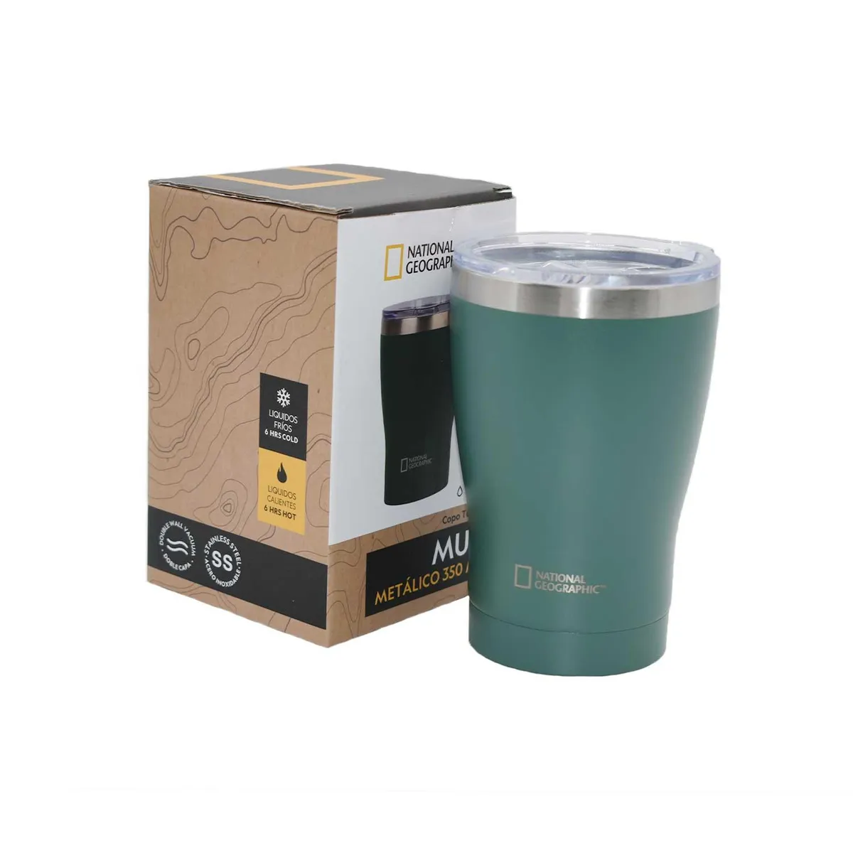NATIONAL GEOGRAPHIC - Mug Acero Inoxidable Tapa Transparente Rosca 350ml Verde