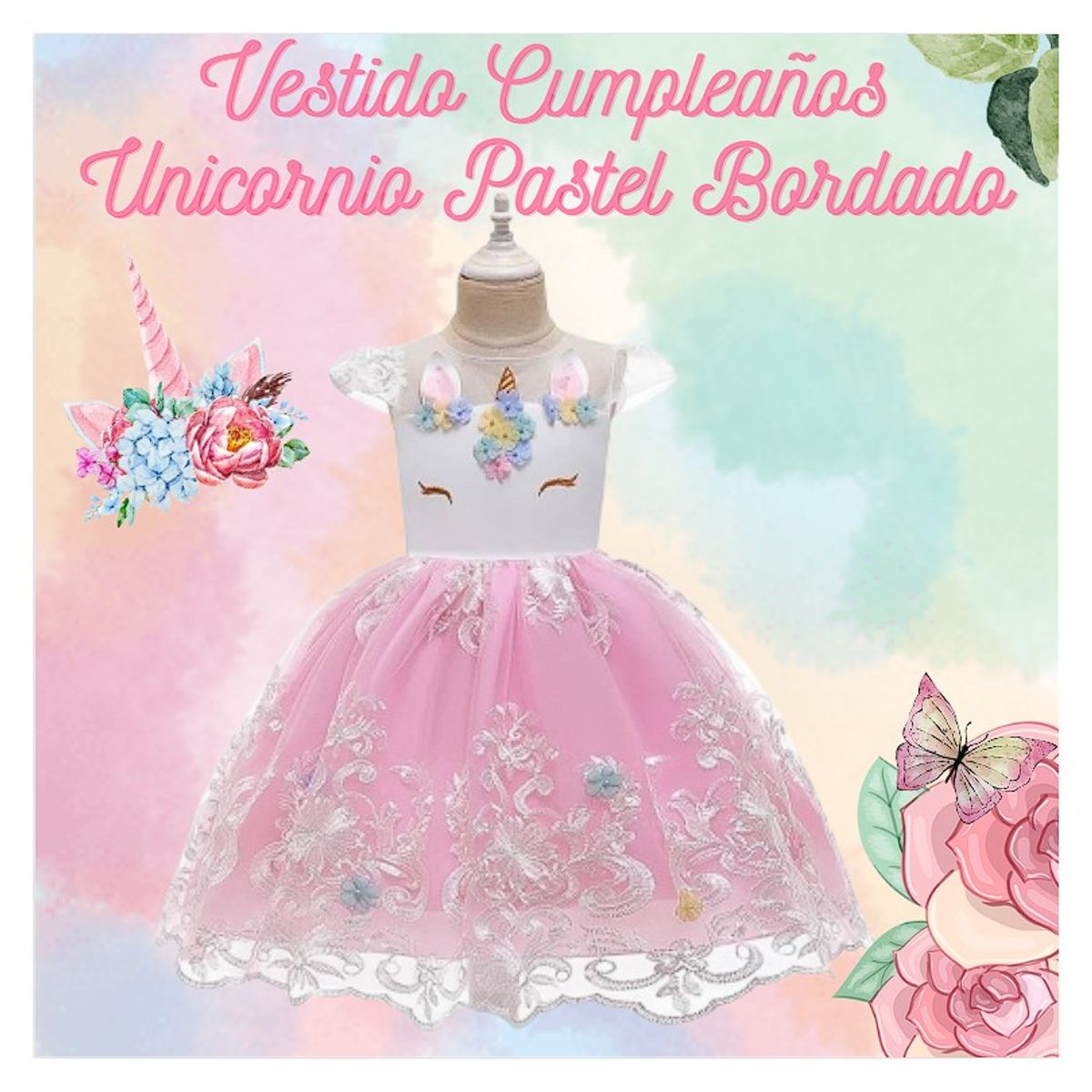 ALMA & DECO - Vestido Niña Princesa Unicornio Pastel con Lazo Color Rosa