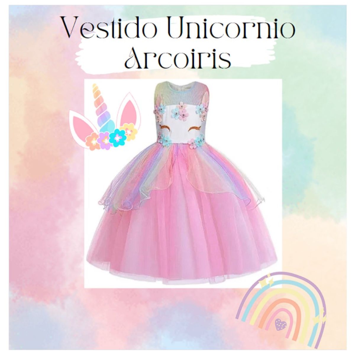 ALMA & DECO - Vestido Niña Princesa Unicornio Arcoiris con Lazo Color Rosa