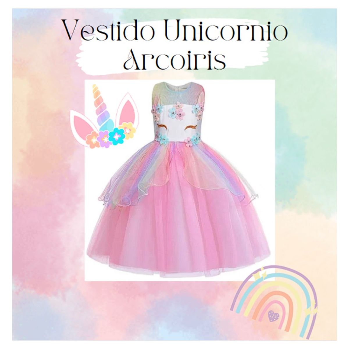 ALMA & DECO - Vestido Niña Princesa Unicornio Arcoiris con Lazo Color Rosa
