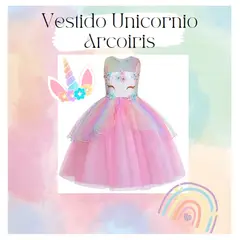 ALMA & DECO - Vestido Niña Princesa Unicornio Arcoiris con Lazo Color Rosa