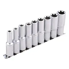 GENERICO - Juego Dados Hembra Torx Estrella Largos 12x9piezas Hoteche Plateado