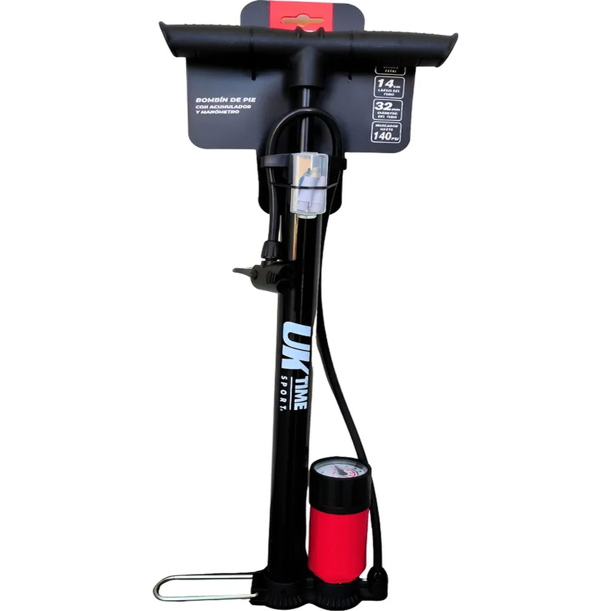 GENERICO - Inflador De Pie Uk Time Con Acumulador + Manómetro Y Aguja Negro