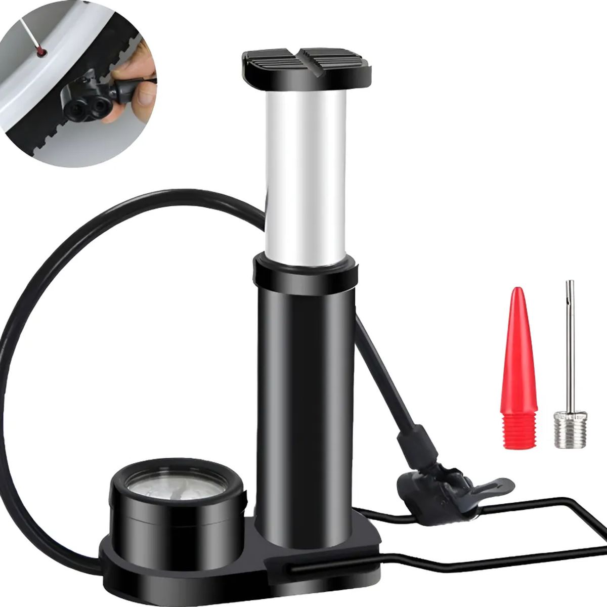 GENERICO - Mini Bombin Inflador De Pie Con Manómetro Resistente Negro