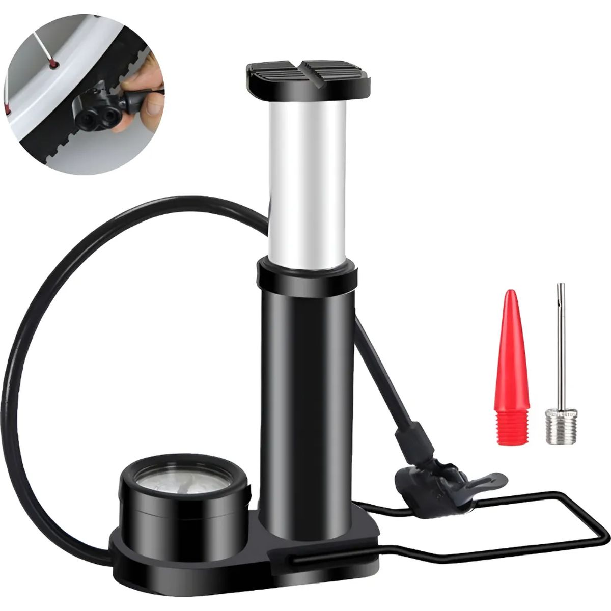 GENERICO - Mini Bombin Inflador De Pie Con Manómetro Resistente Negro