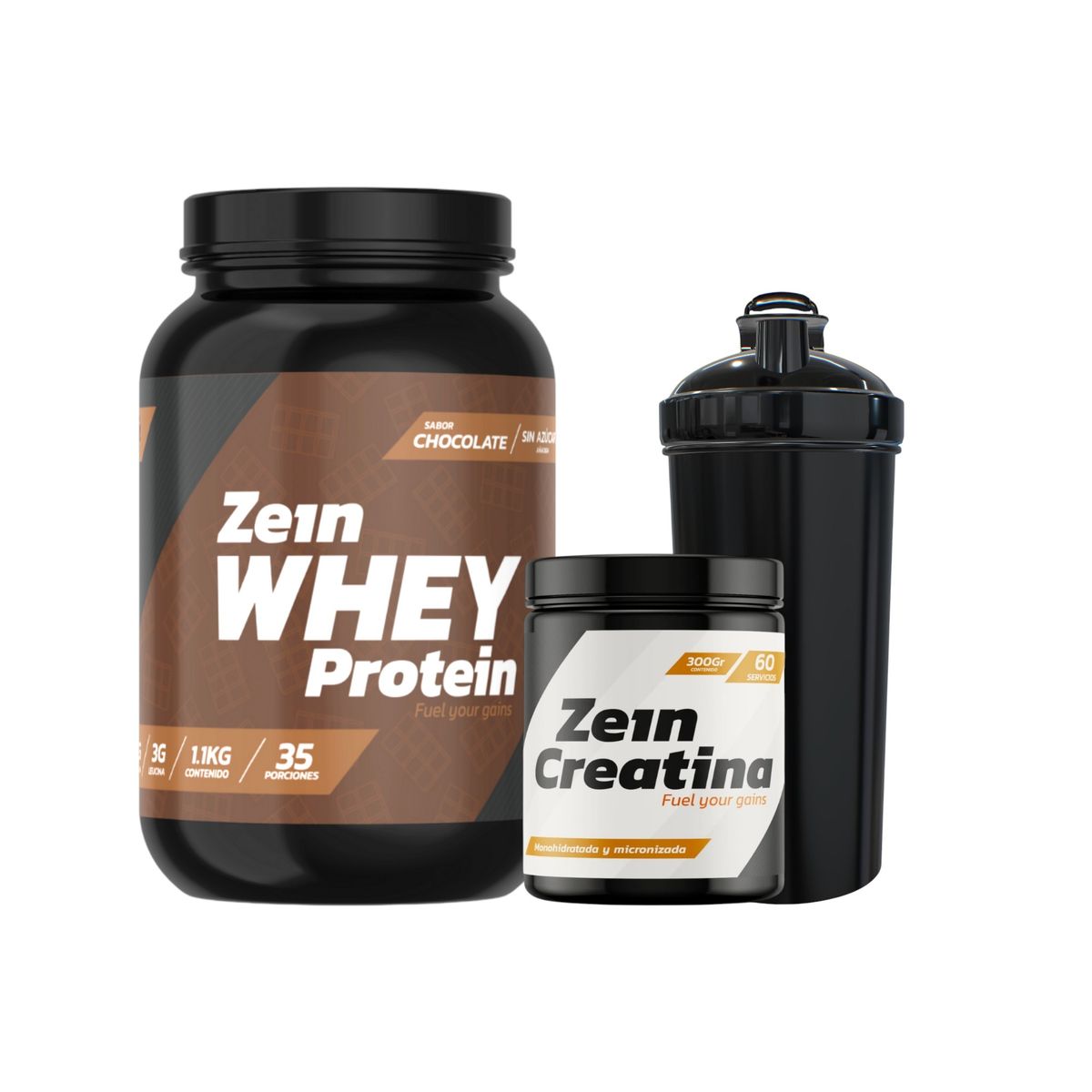 ZEIN - PACK PROTEINA WHEY CHOCOLATE  1,1 KG + CREATINA 60SV + SHAKER - ZEIN