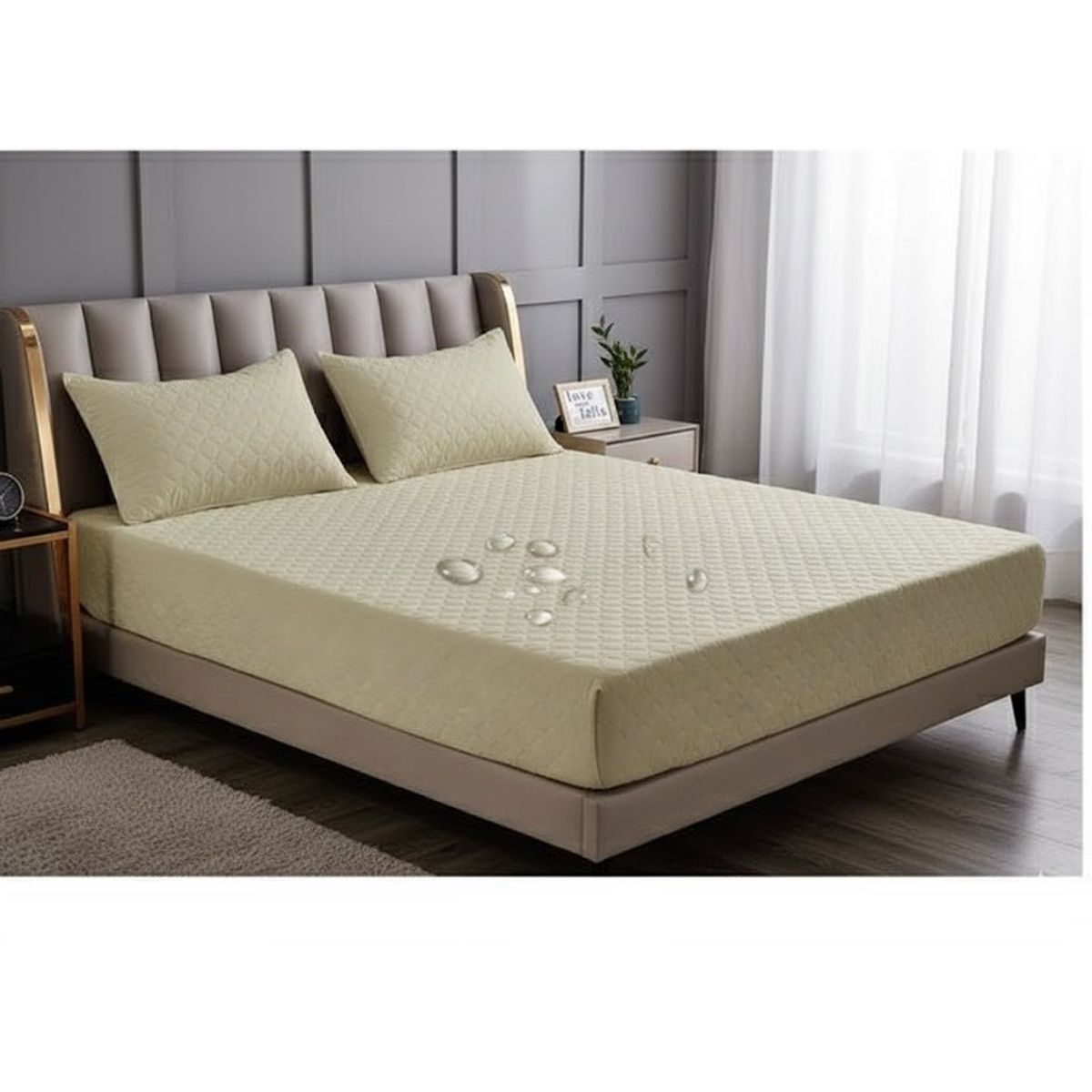 GENERICO - cubre colchón beige super King protector impermeable 2 funda de almohada