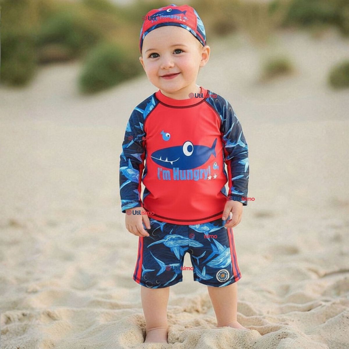 JUMP KIDS - Traje de Baño Con Gorro Pantalón Corto Manga Larga 3 Piezas Corte Split Niño 1 a 5 años Red Whale