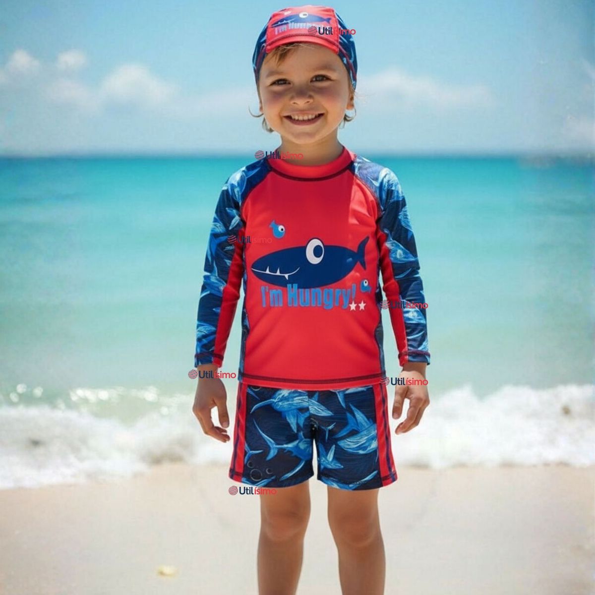 JUMP KIDS - Traje de Baño Con Gorro Pantalón Corto Manga Larga 3 Piezas Corte Split Niño 1 a 5 años Red Whale