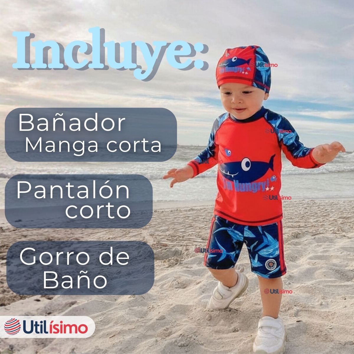 JUMP KIDS - Traje de Baño Con Gorro Pantalón Corto Manga Larga 3 Piezas Corte Split Niño 1 a 5 años Red Whale