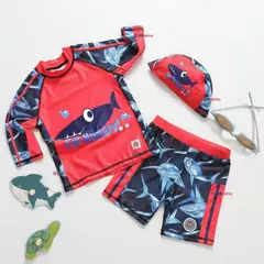 JUMP KIDS - Traje de Baño Con Gorro Pantalón Corto Manga Larga 3 Piezas Corte Split Niño 1 a 5 años Red Whale