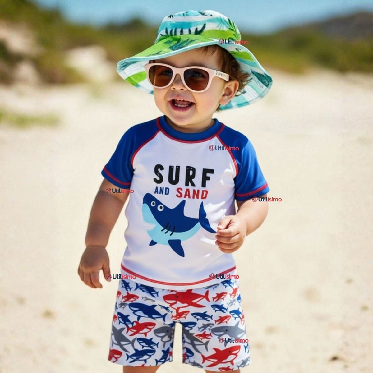 JUMP KIDS - Traje de Baño Manga Corta Pantalón Corto 2 Piezas Corte Split Niño 2 a 4 años Blue