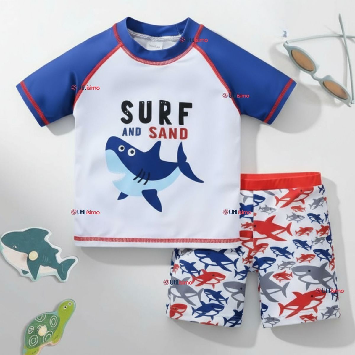 JUMP KIDS - Traje de Baño Manga Corta Pantalón Corto 2 Piezas Corte Split Niño 2 a 4 años Blue