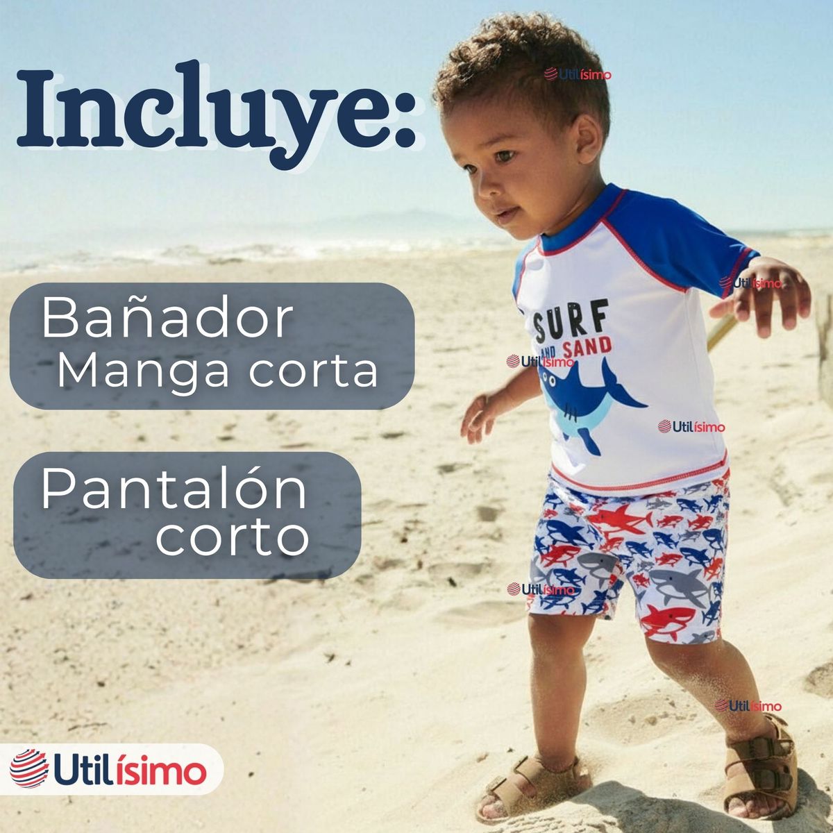 JUMP KIDS - Traje de Baño Manga Corta Pantalón Corto 2 Piezas Corte Split Niño 2 a 4 años Blue