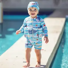 JUMP KIDS - Traje de Baño Enterito Con Flotador y Gorro Niño 2 Piezas 9 a 36 Meses Blue Sea