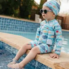 JUMP KIDS - Traje de Baño Enterito Con Flotador y Gorro Niño 2 Piezas 9 a 36 Meses Blue Sea