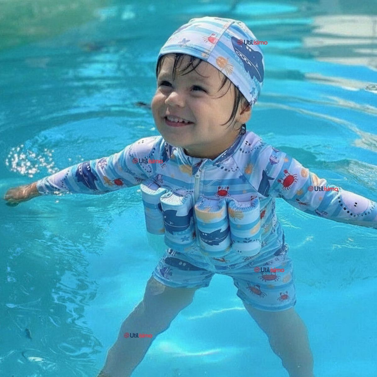 JUMP KIDS - Traje de Baño Enterito Con Flotador y Gorro Niño 2 Piezas 9 a 36 Meses Blue Sea