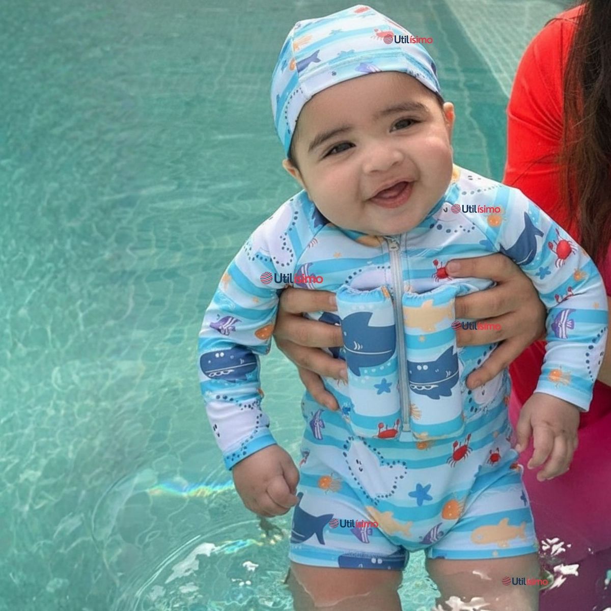 JUMP KIDS - Traje de Baño Enterito Con Flotador y Gorro Niño 2 Piezas 9 a 36 Meses Blue Sea